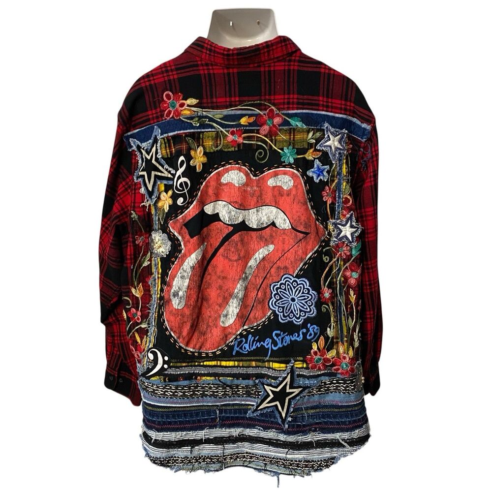Upcycled Flannel Shirt Shacket Womens 3X Lips Stones Custom Grunge Rocker Skater - Picture 7 of 15